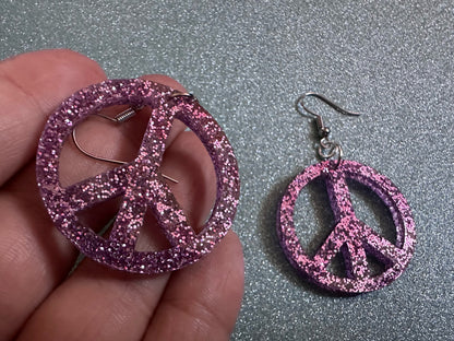 Glittery Purple Peace Sign Earrings: Laser Cut Acrylic Peace Signs, Hippie, Hipster, 80s, Happiness, Happy, Best Gifts for Her/Him/Them