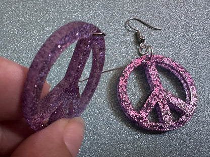 Glittery Purple Peace Sign Earrings: Laser Cut Acrylic Peace Signs, Hippie, Hipster, 80s, Happiness, Happy, Best Gifts for Her/Him/Them