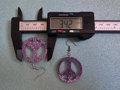 Glittery Purple Peace Sign Earrings: Laser Cut Acrylic Peace Signs, Hippie, Hipster, 80s, Happiness, Happy, Best Gifts for Her/Him/Them