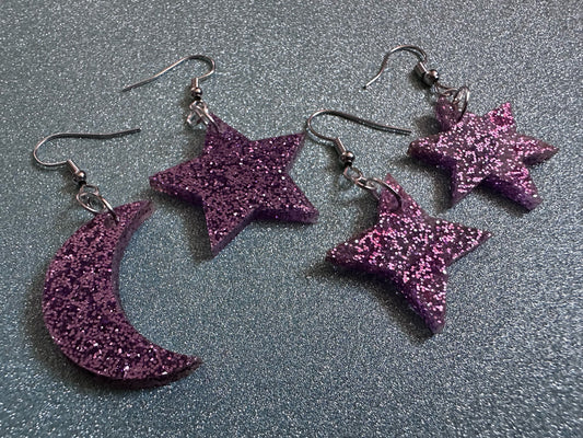 Glittery Purple Star and Moon Earrings: Laser Cut Acrylic Stars, Magic, Night Sky, Astrology, Astronomy, Best Gifts for Her/Him/Them