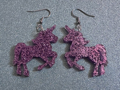 Glittery Purple Unicorn Earrings: Laser Cut Acrylic Unicorns, Animals, Magic, Magical Creature, Halloween, Best Gifts for Her/Him/Them