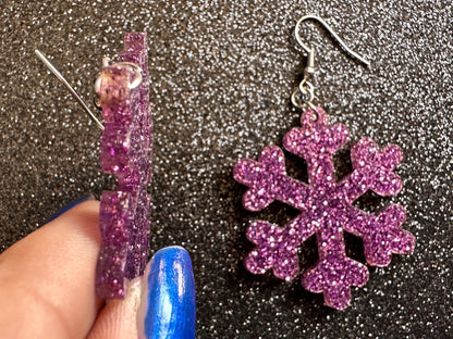 Glittery Snowflake Earrings: Laser Cut Acrylic Snowflakes, Purple Snow, Stormy Weather, Snowing, Snow Storm, Winter, Gifts for Her/Him/Them