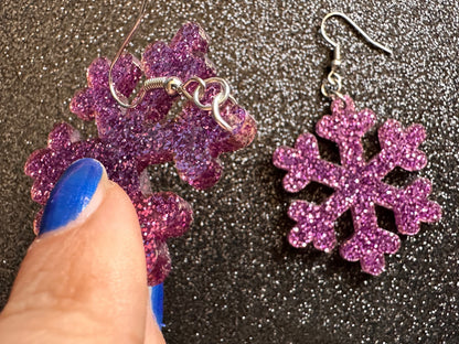 Glittery Snowflake Earrings: Laser Cut Acrylic Snowflakes, Purple Snow, Stormy Weather, Snowing, Snow Storm, Winter, Gifts for Her/Him/Them