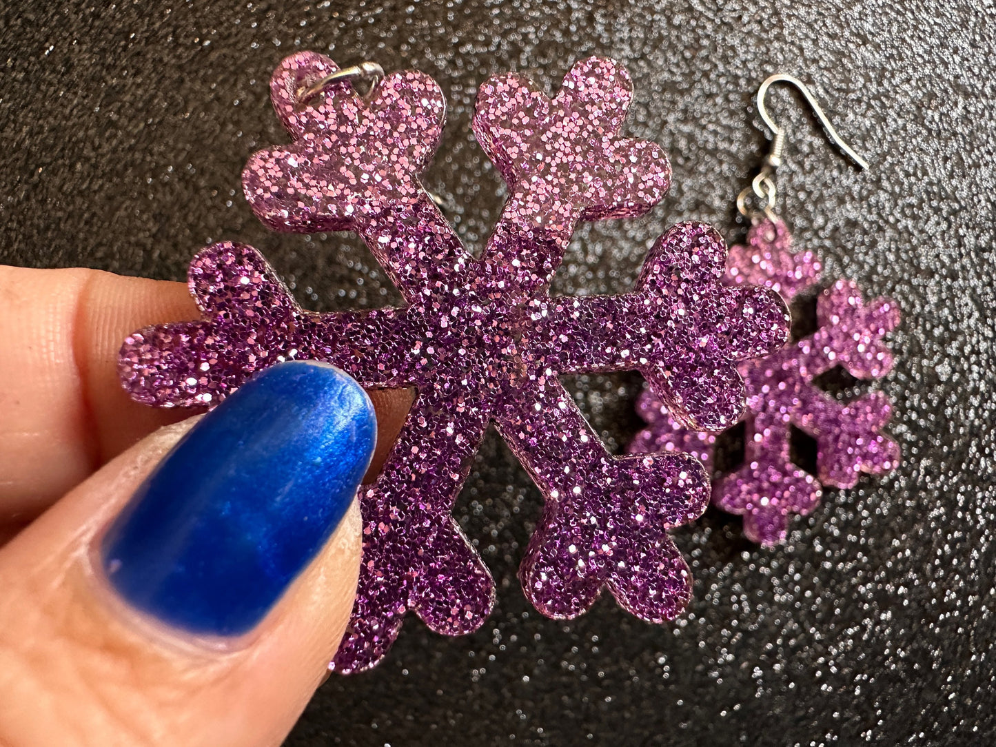 Glittery Snowflake Earrings: Laser Cut Acrylic Snowflakes, Purple Snow, Stormy Weather, Snowing, Snow Storm, Winter, Gifts for Her/Him/Them