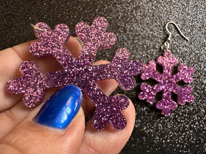 Glittery Snowflake Earrings: Laser Cut Acrylic Snowflakes, Purple Snow, Stormy Weather, Snowing, Snow Storm, Winter, Gifts for Her/Him/Them