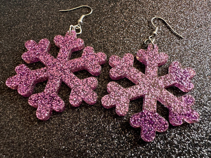 Glittery Snowflake Earrings: Laser Cut Acrylic Snowflakes, Purple Snow, Stormy Weather, Snowing, Snow Storm, Winter, Gifts for Her/Him/Them