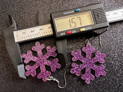 Glittery Snowflake Earrings: Laser Cut Acrylic Snowflakes, Purple Snow, Stormy Weather, Snowing, Snow Storm, Winter, Gifts for Her/Him/Them