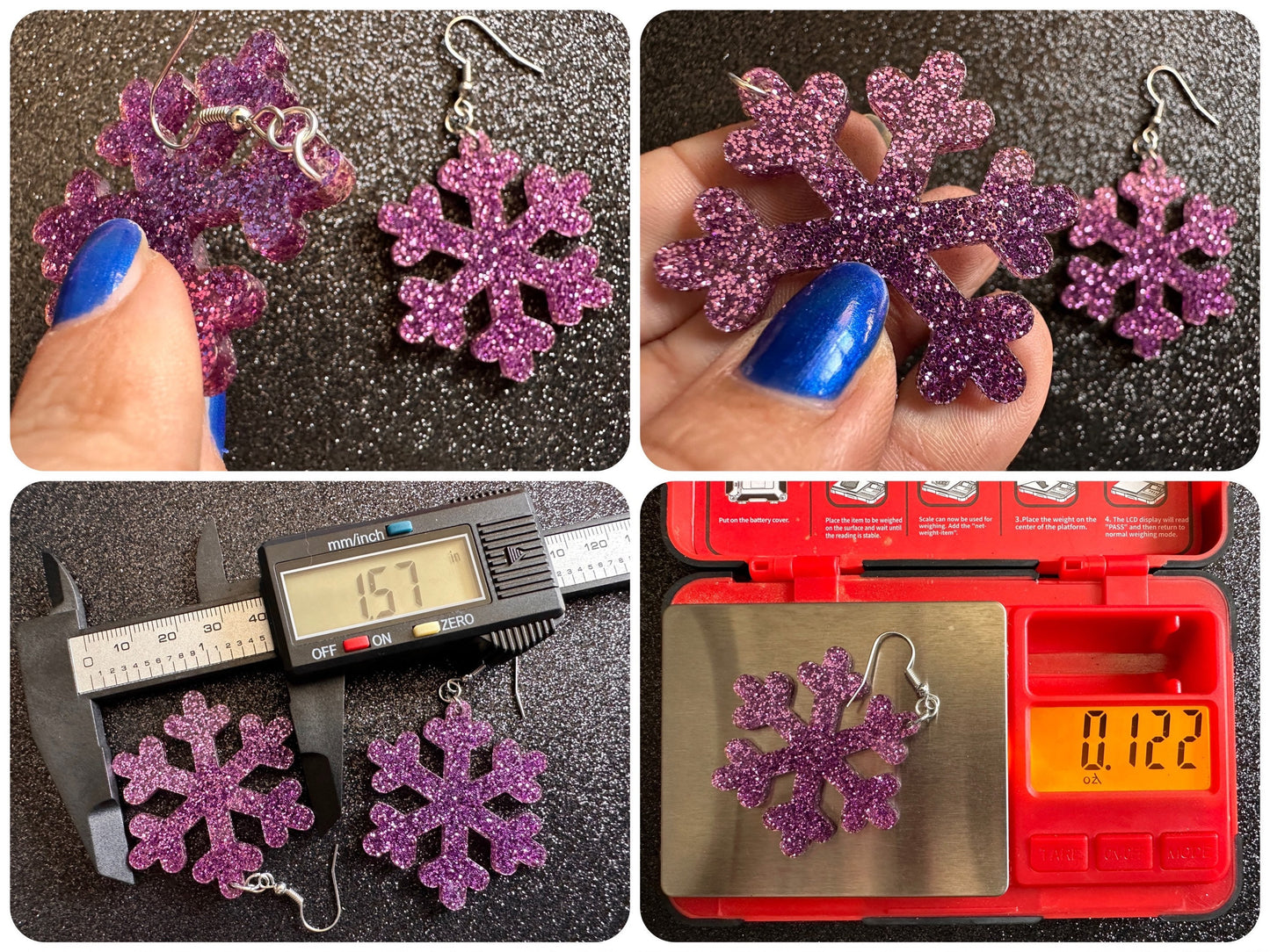 Glittery Snowflake Earrings: Laser Cut Acrylic Snowflakes, Purple Snow, Stormy Weather, Snowing, Snow Storm, Winter, Gifts for Her/Him/Them