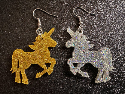 Glittery Unicorn Earrings: Laser Cut Acrylic Unicorns, Animals, Magic, Magical Creature, Halloween, Gifts for Her/Him/Them