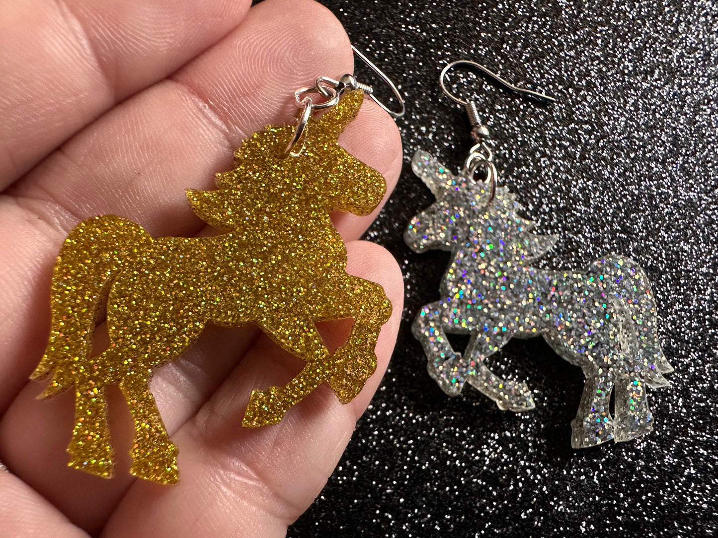 Glittery Unicorn Earrings: Laser Cut Acrylic Unicorns, Animals, Magic, Magical Creature, Halloween, Gifts for Her/Him/Them