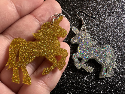Glittery Unicorn Earrings: Laser Cut Acrylic Unicorns, Animals, Magic, Magical Creature, Halloween, Gifts for Her/Him/Them
