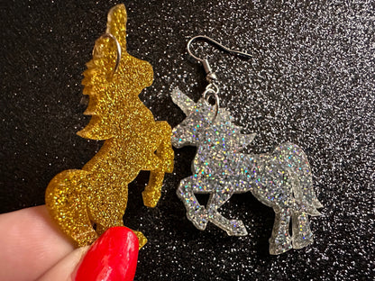 Glittery Unicorn Earrings: Laser Cut Acrylic Unicorns, Animals, Magic, Magical Creature, Halloween, Gifts for Her/Him/Them