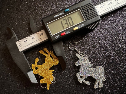 Glittery Unicorn Earrings: Laser Cut Acrylic Unicorns, Animals, Magic, Magical Creature, Halloween, Gifts for Her/Him/Them