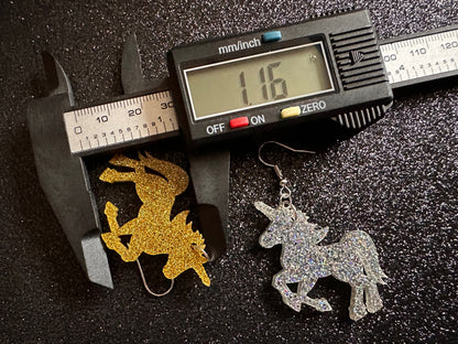 Glittery Unicorn Earrings: Laser Cut Acrylic Unicorns, Animals, Magic, Magical Creature, Halloween, Gifts for Her/Him/Them