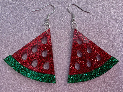 Glittery Watermelon Earrings: Laser Cut Acrylic Watermelons, Fruit, Summer Vibes, Food Earrings, Green Earrings, Best Gifts for Her/Him/Them