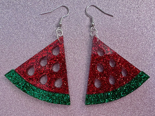 Glittery Watermelon Earrings: Laser Cut Acrylic Watermelons, Fruit, Summer Vibes, Food Earrings, Green Earrings, Best Gifts for Her/Him/Them