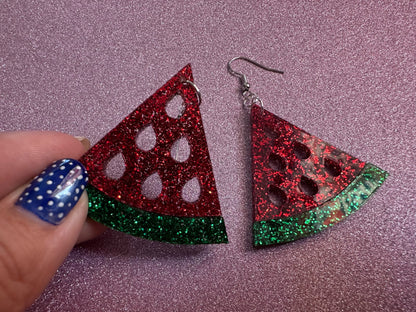 Glittery Watermelon Earrings: Laser Cut Acrylic Watermelons, Fruit, Summer Vibes, Food Earrings, Green Earrings, Best Gifts for Her/Him/Them