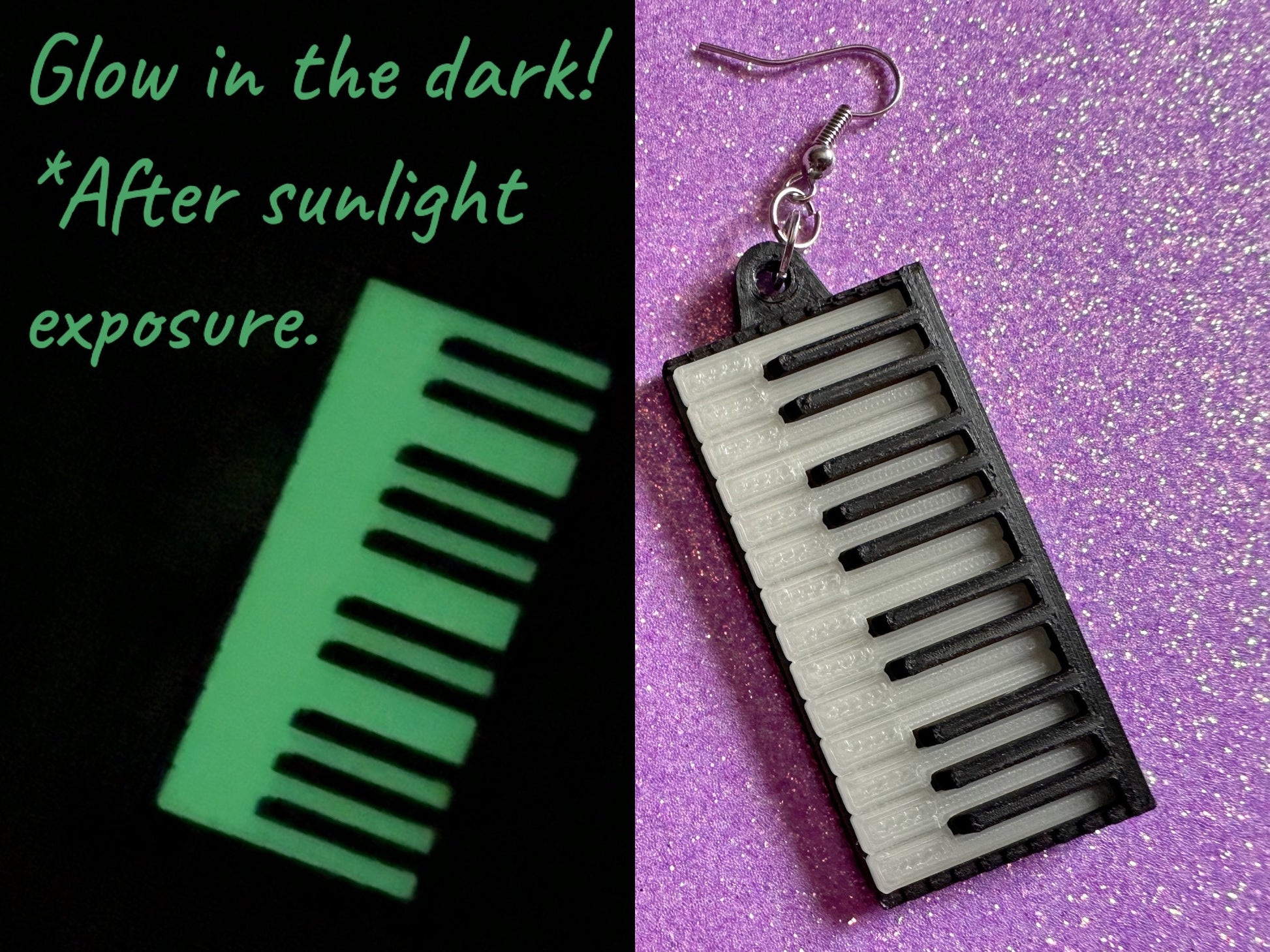 Glow in the Dark Piano Earrings: 3D Printed Piano Keyboards, Classical Music, Concert, Musical Instrument, Best Gifts for Her/Him/Them