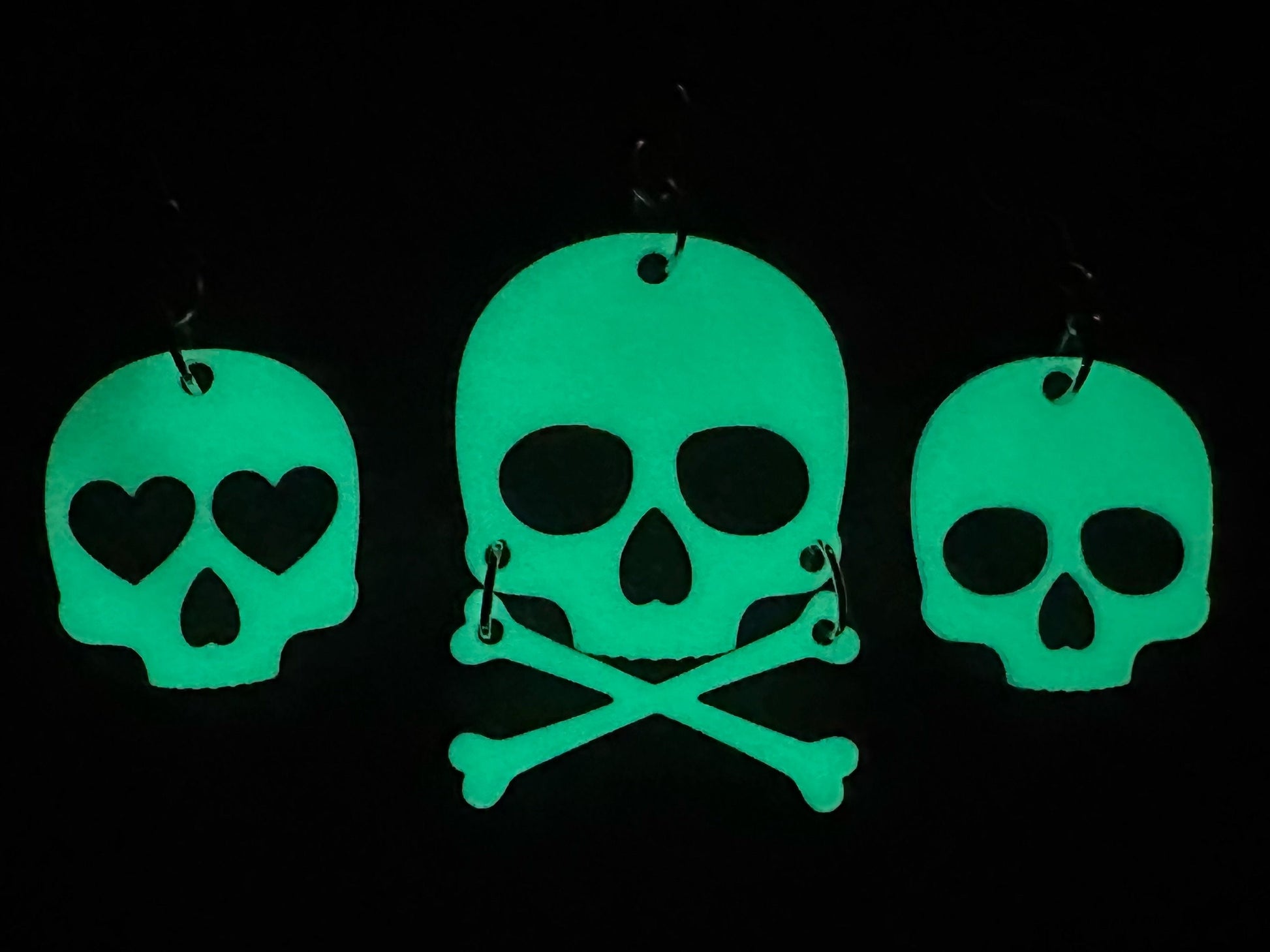 Glow in the Dark Skull Earrings: Laser Cut Acrylic Skulls, Halloween, Cross Bones, Spooky, Heart Skulls, Best Gifts for Her/Him/Them