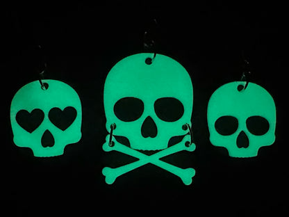 Glow in the Dark Skull Earrings: Laser Cut Acrylic Skulls, Halloween, Cross Bones, Spooky, Heart Skulls, Best Gifts for Her/Him/Them