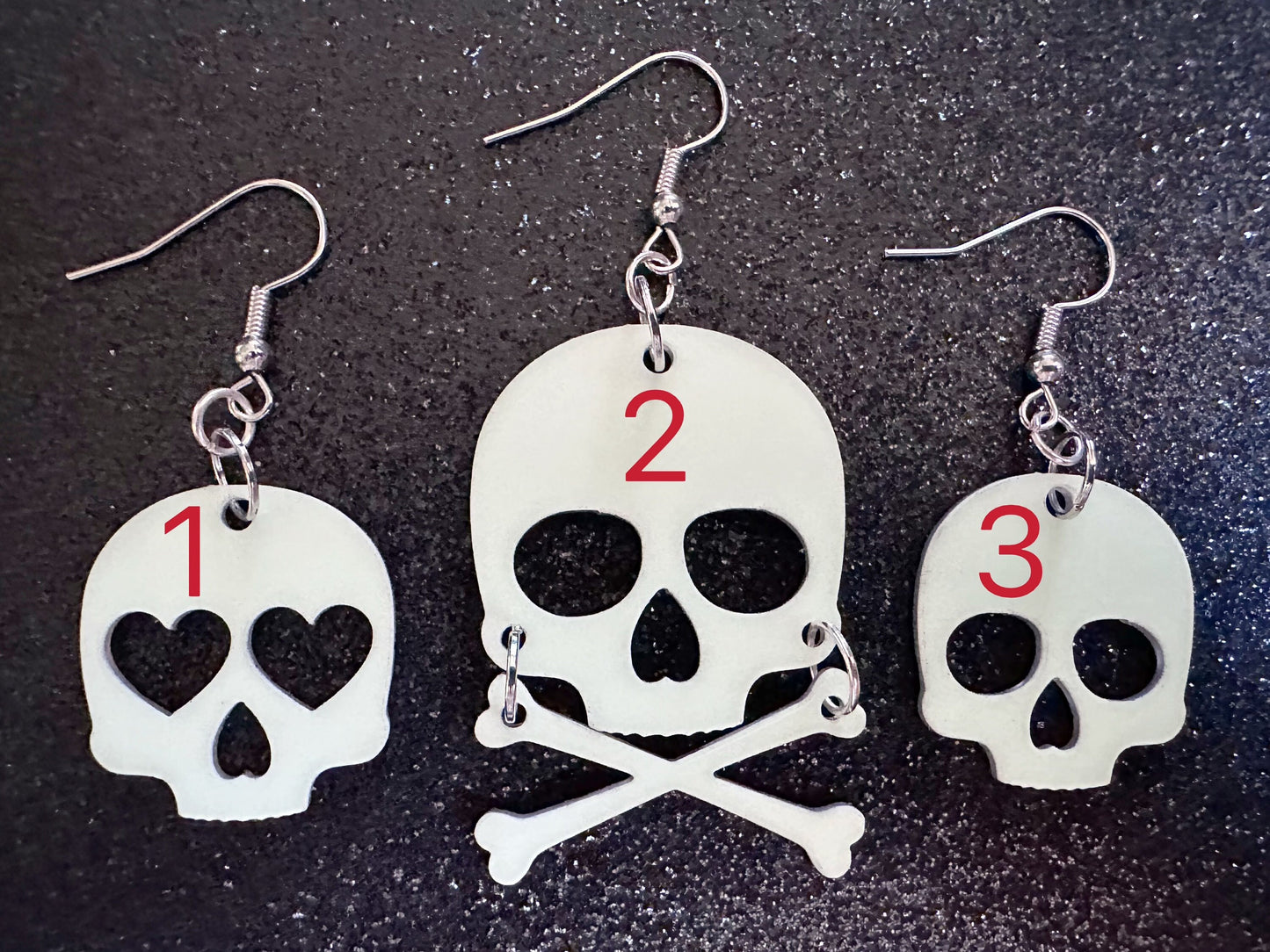 Glow in the Dark Skull Earrings: Laser Cut Acrylic Skulls, Halloween, Cross Bones, Spooky, Heart Skulls, Best Gifts for Her/Him/Them