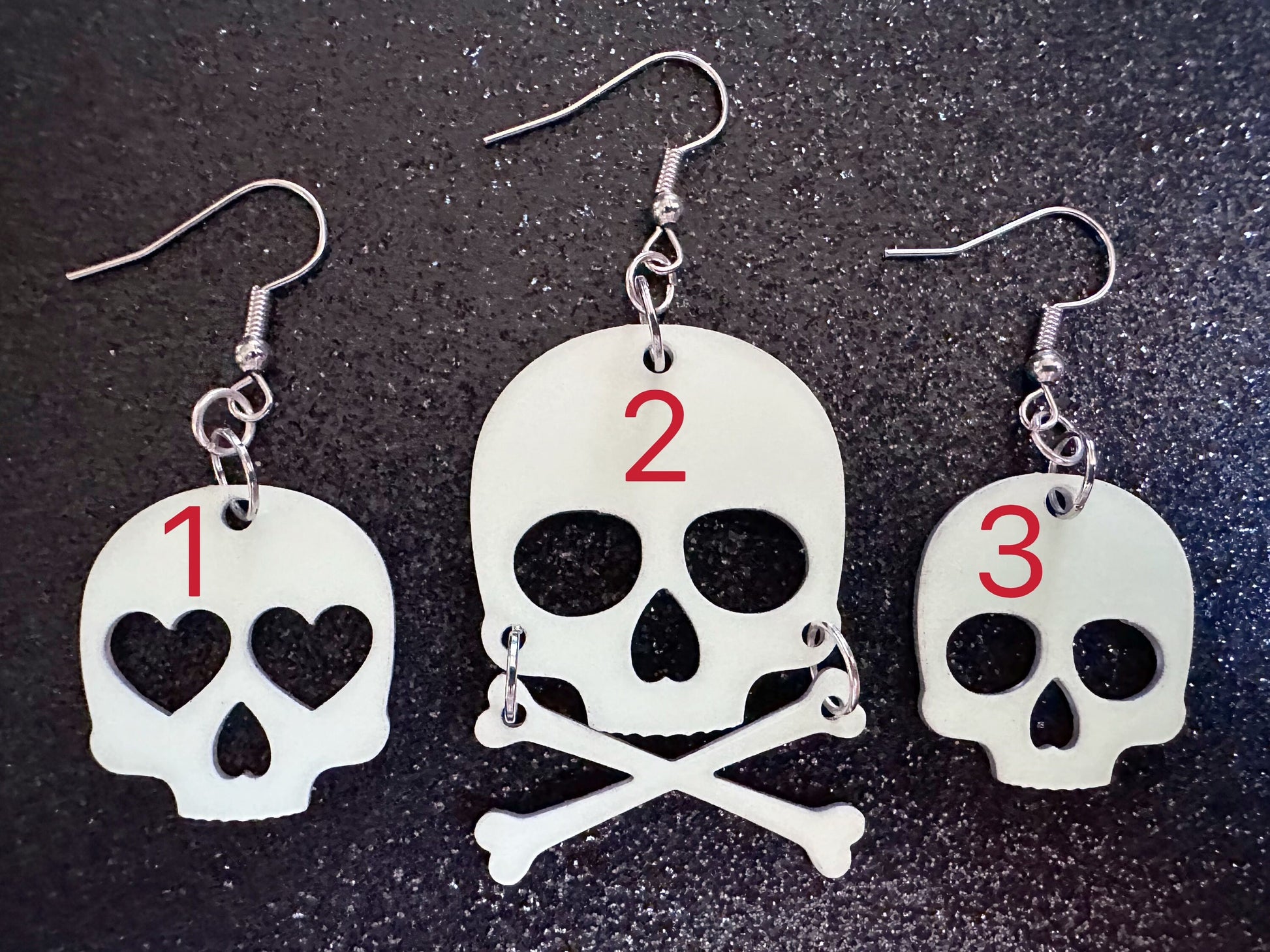 Glow in the Dark Skull Earrings: Laser Cut Acrylic Skulls, Halloween, Cross Bones, Spooky, Heart Skulls, Best Gifts for Her/Him/Them