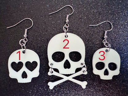 Glow in the Dark Skull Earrings: Laser Cut Acrylic Skulls, Halloween, Cross Bones, Spooky, Heart Skulls, Best Gifts for Her/Him/Them