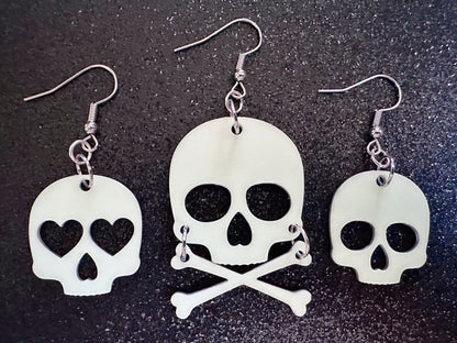 Glow in the Dark Skull Earrings: Laser Cut Acrylic Skulls, Halloween, Cross Bones, Spooky, Heart Skulls, Best Gifts for Her/Him/Them