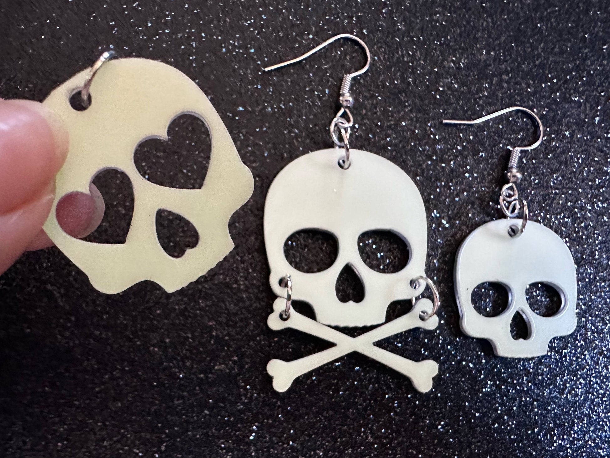 Glow in the Dark Skull Earrings: Laser Cut Acrylic Skulls, Halloween, Cross Bones, Spooky, Heart Skulls, Best Gifts for Her/Him/Them
