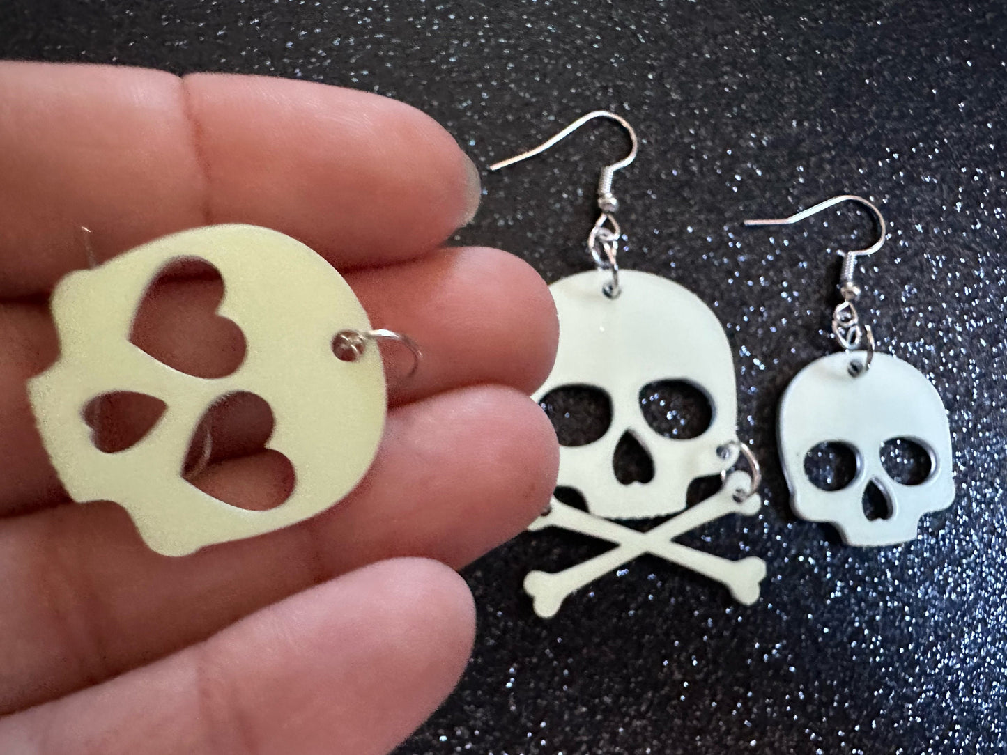 Glow in the Dark Skull Earrings: Laser Cut Acrylic Skulls, Halloween, Cross Bones, Spooky, Heart Skulls, Best Gifts for Her/Him/Them