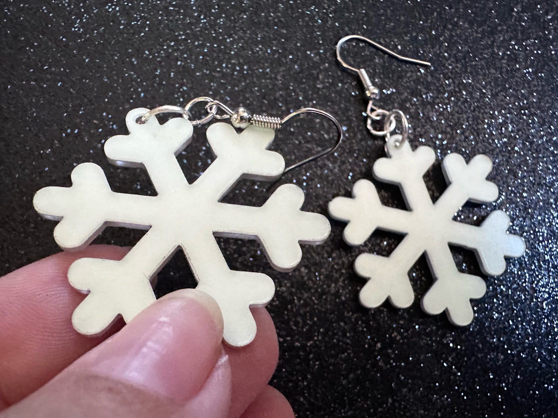 Glow in the Dark Snowflake Earrings: Laser Cut Acrylic Snowflakes, Stormy Weather, Snowing, Storm, Winter, Best Gifts for Her/Him/Them