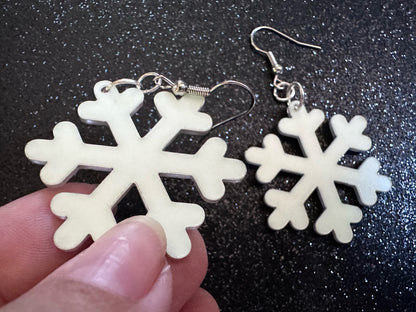 Glow in the Dark Snowflake Earrings: Laser Cut Acrylic Snowflakes, Stormy Weather, Snowing, Storm, Winter, Best Gifts for Her/Him/Them