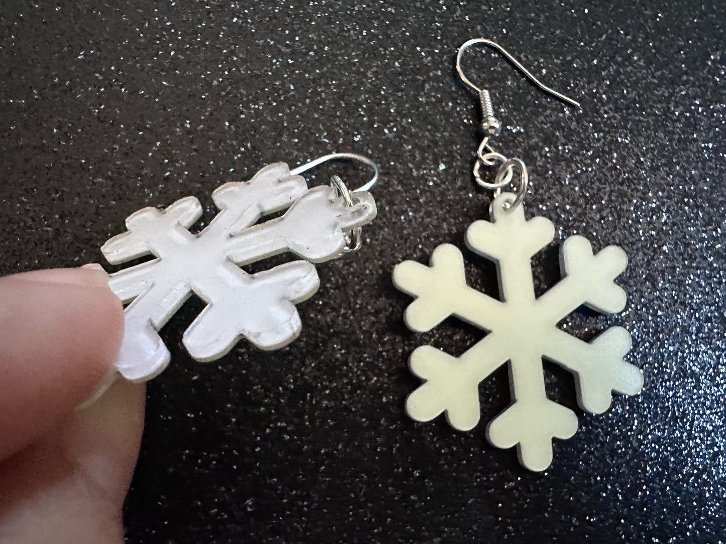Glow in the Dark Snowflake Earrings: Laser Cut Acrylic Snowflakes, Stormy Weather, Snowing, Storm, Winter, Best Gifts for Her/Him/Them