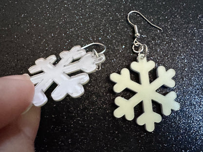 Glow in the Dark Snowflake Earrings: Laser Cut Acrylic Snowflakes, Stormy Weather, Snowing, Storm, Winter, Best Gifts for Her/Him/Them