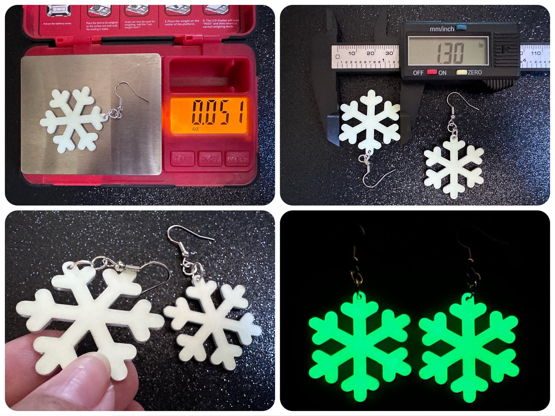 Glow in the Dark Snowflake Earrings: Laser Cut Acrylic Snowflakes, Stormy Weather, Snowing, Storm, Winter, Best Gifts for Her/Him/Them