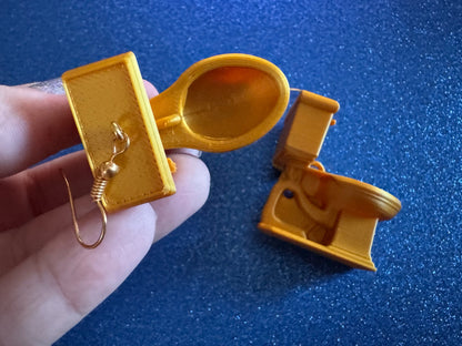 Gold 3D-Printed Toilet Earrings: Bathroom, Loo, Restroom, Water Closet WC, Novelty, Plumber, Porcelain Throne, Best Gifts for Her/Him/Them