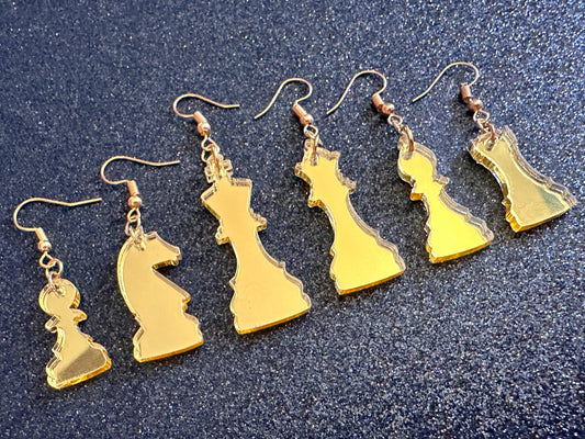 Gold Mirrored Chess Earrings: Laser Cut Acrylic Chess Pieces, Board Game, King, Queen, Pawn, Knight, Tower, Best Gifts for Her/Him/Them
