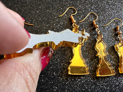 Gold Mirrored Chess Earrings: Laser Cut Acrylic Chess Pieces, Board Game, King, Queen, Pawn, Knight, Tower, Best Gifts for Her/Him/Them