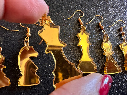 Gold Mirrored Chess Earrings: Laser Cut Acrylic Chess Pieces, Board Game, King, Queen, Pawn, Knight, Tower, Best Gifts for Her/Him/Them
