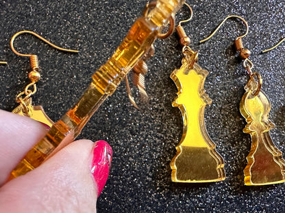 Gold Mirrored Chess Earrings: Laser Cut Acrylic Chess Pieces, Board Game, King, Queen, Pawn, Knight, Tower, Best Gifts for Her/Him/Them