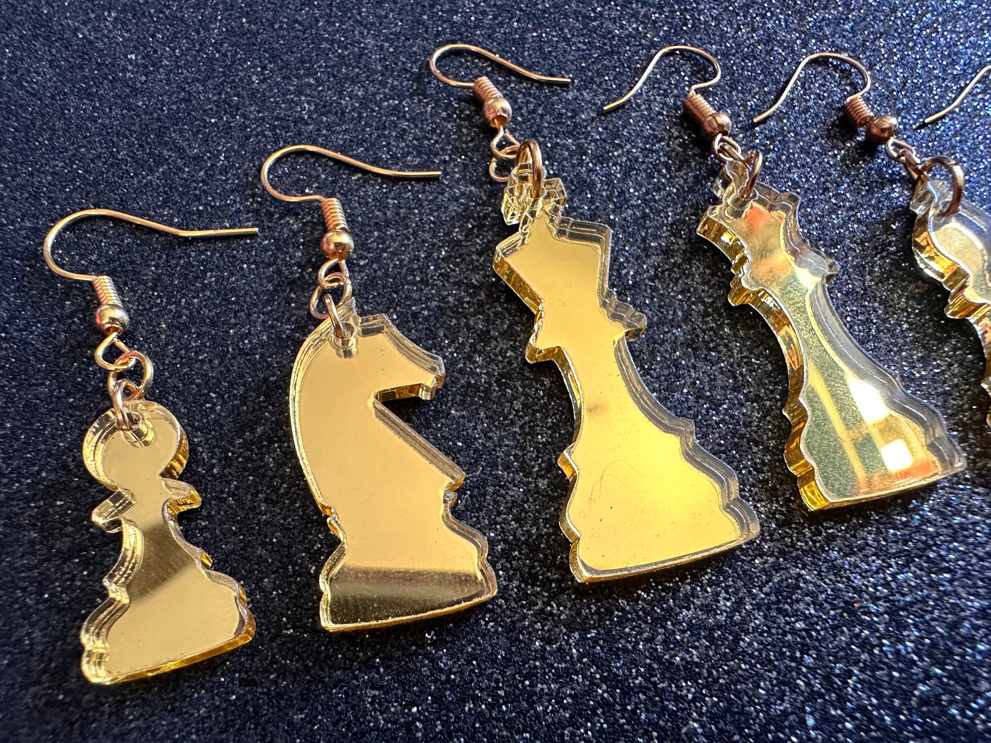 Gold Mirrored Chess Earrings: Laser Cut Acrylic Chess Pieces, Board Game, King, Queen, Pawn, Knight, Tower, Best Gifts for Her/Him/Them