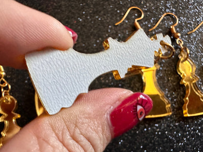 Gold Mirrored Chess Earrings: Laser Cut Acrylic Chess Pieces, Board Game, King, Queen, Pawn, Knight, Tower, Best Gifts for Her/Him/Them