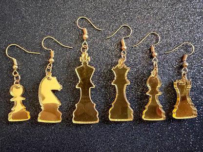 Gold Mirrored Chess Earrings: Laser Cut Acrylic Chess Pieces, Board Game, King, Queen, Pawn, Knight, Tower, Best Gifts for Her/Him/Them