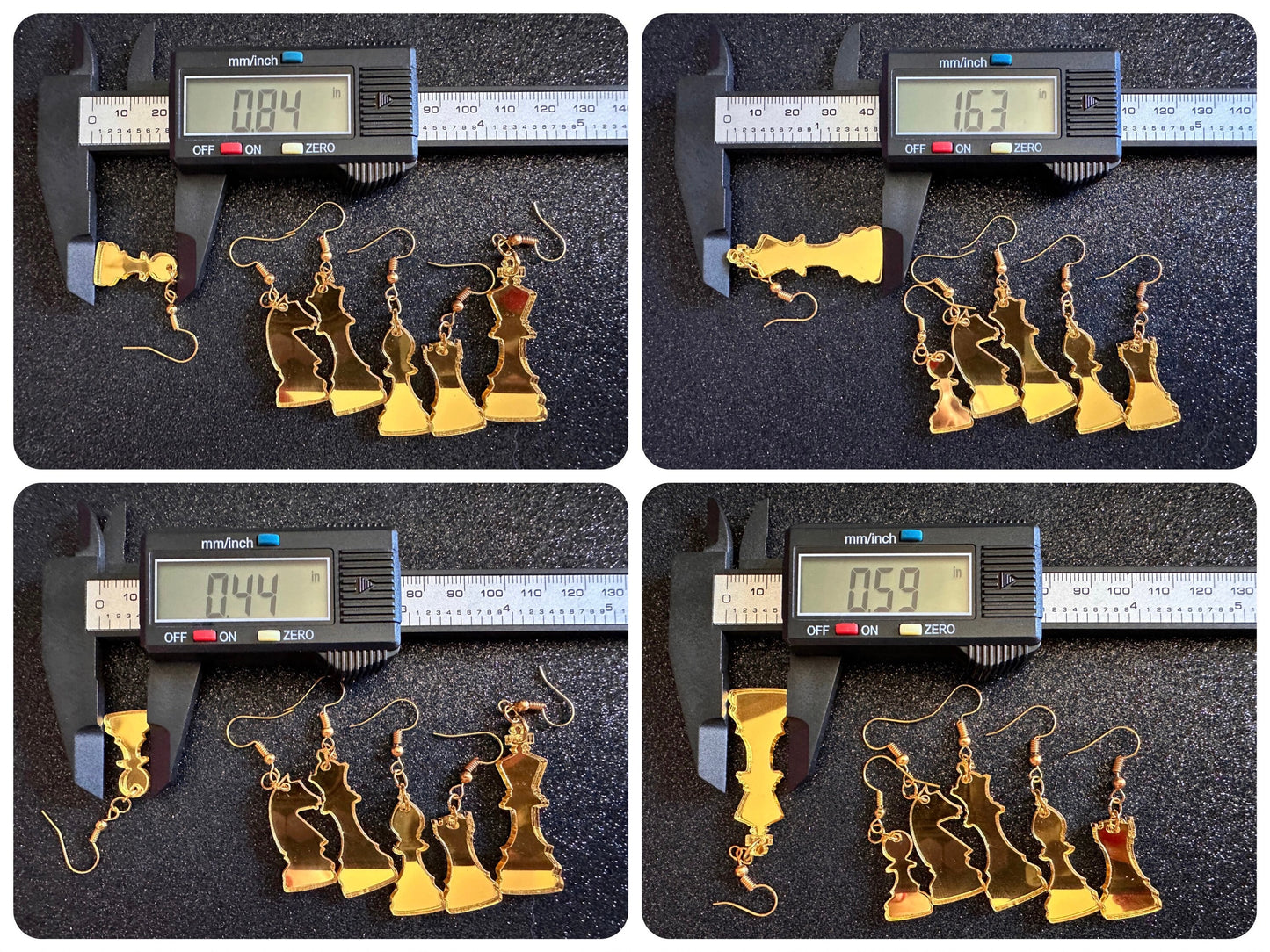Gold Mirrored Chess Earrings: Laser Cut Acrylic Chess Pieces, Board Game, King, Queen, Pawn, Knight, Tower, Best Gifts for Her/Him/Them
