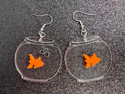 Goldfish in a Fishbowl Earrings: Laser Cut Acrylic Fish, Fishbowl, Aquarium, Fish, Pet, Animals, Orange Fishes, Best Gifts for Her/Him/Them