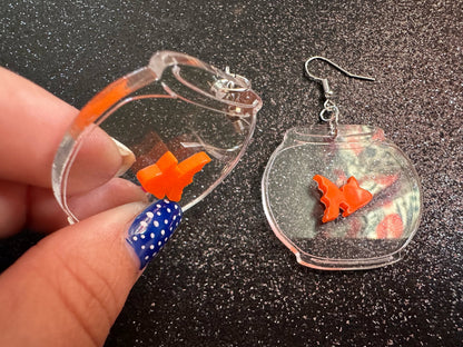 Goldfish in a Fishbowl Earrings: Laser Cut Acrylic Fish, Fishbowl, Aquarium, Fish, Pet, Animals, Orange Fishes, Best Gifts for Her/Him/Them