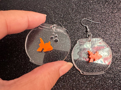 Goldfish in a Fishbowl Earrings: Laser Cut Acrylic Fish, Fishbowl, Aquarium, Fish, Pet, Animals, Orange Fishes, Best Gifts for Her/Him/Them