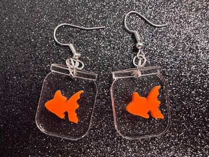 Goldfish in a Jar Earrings: Laser Cut Acrylic Fish, Fishbowl, Aquarium, Unique, Pets, Orange Fishes, Novelty, Best Gifts for Her/Him/Them