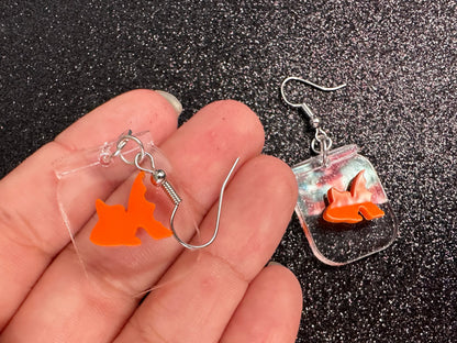 Goldfish in a Jar Earrings: Laser Cut Acrylic Fish, Fishbowl, Aquarium, Unique, Pets, Orange Fishes, Novelty, Best Gifts for Her/Him/Them