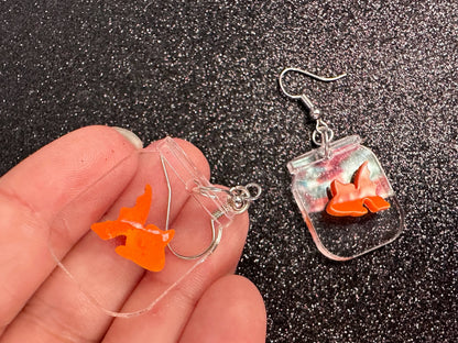 Goldfish in a Jar Earrings: Laser Cut Acrylic Fish, Fishbowl, Aquarium, Unique, Pets, Orange Fishes, Novelty, Best Gifts for Her/Him/Them